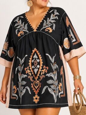 Beach cover up/sun dress/long top. Sz L, never worn, black/white, orange,